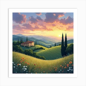 Scenic Watercolor Of A Tuscan Countryside At Twilight, With Rolling Hills And Vineyards 1 Art Print