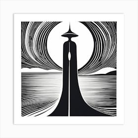 A Linocut Piece Depicting A Mysterious light house, 110 Art Print