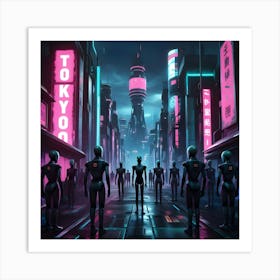 A Gritty, Dystopian Cyberpunk Digital Art Scene Set In A Futuristic Tokyo Cityscape Populated With Humanoid Androids 3 Art Print