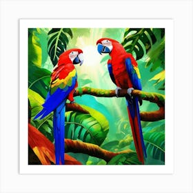 Tropical Parrots In A Rainforest Canopy Art Print