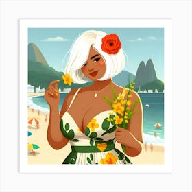 Rio De Janeiro Beautiful Woman with Short White Hair, Dress and Flowers Art Print