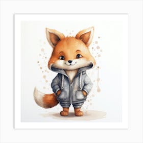 Watercolour Cartoon Fox In A Hoodie 2 Art Print