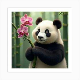 Panda In Bamboo With Orchids 1 Art Print