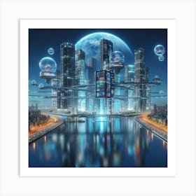 A futuristic cityscape with glowing buildings, bridges, and flying vehicles. Art Print