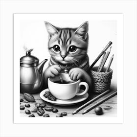 Cat Drinking Coffee Art Print