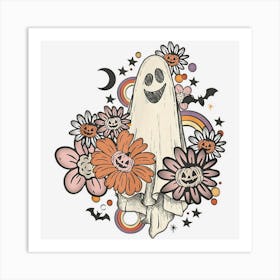 Retro Halloween Flower Ghost Vintage Floral Ghost Autumn Art Print