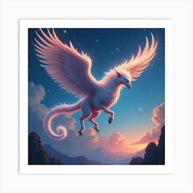 A Mythical Griffin With A Mane Of Swirling, Neon Stardust Soaring Over A Magical Landscape 1 Art Print