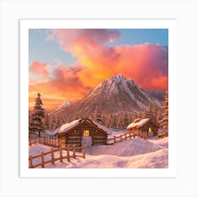 Mountain village snow wooden huts 3 Art Print