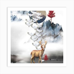 Deer And Birds Art Print