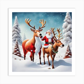 Santa And Reindeer Art Print