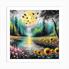 Sunflowers By The Waterfall Art Print