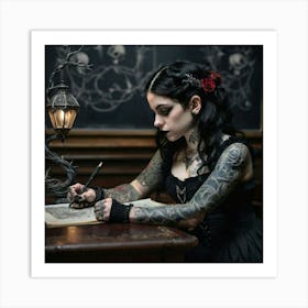 A Captivating Image Of A Realistic Goth Girl With Intricate Black And Gray Tattoos Adorning Her Arms. Art Print