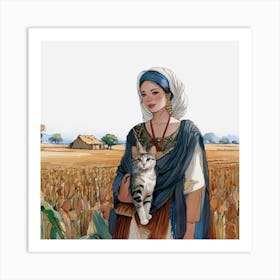 Woman With A Cat....... Art Print