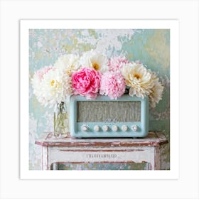 Vintage Portable Radio Exuding Nostalgia Accented With Pastel Flowers Pink Grey And Tones Of Blu Art Print