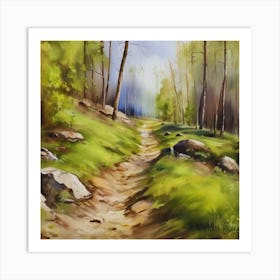 Path In The Woods.A dirt footpath in the forest. Spring season. Wild grasses on both ends of the path. Scattered rocks. Oil colors.29 Art Print