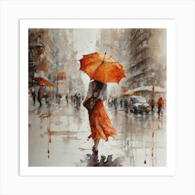 Woman Holds Orange Umbrella On Street Art Print