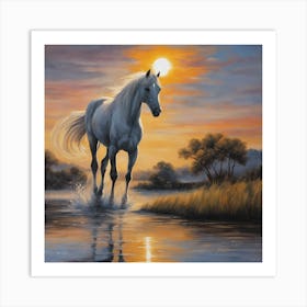 White Horse At Sunset Art Print