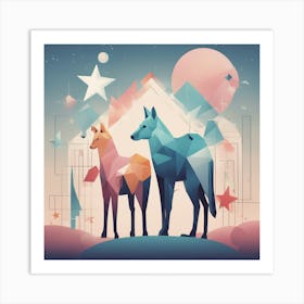 A Drawing In Pastel Colors Of Animals Light And Shadow And A Star, In The Style Of Bauhaus Simplici (1) Art Print