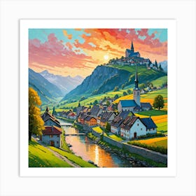 Swiss Village At Sunset With Rolling Hills Art Print