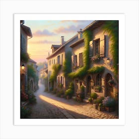 Village At Sunrise Vintage AI Art Print