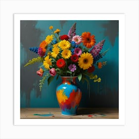 Brightly Colored Flowers In A Vase Art Print