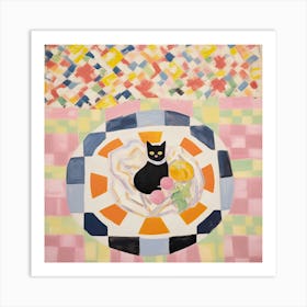 Pastel Black Cat In A Picnic Blanket Art Print