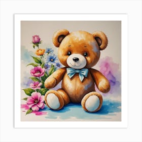 Teddy Bear With Flowers Art Print