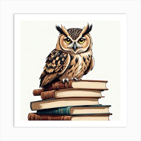 Owl On Books, An Owl Perched On A Stack Of Books Symbolizing Wisdom And Learning 5 Art Print