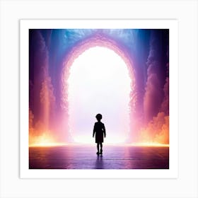 Child Silhouette Emerging Through A Swirling Prismatic Portal Effervescent Colors Radiating Silho (1) Art Print