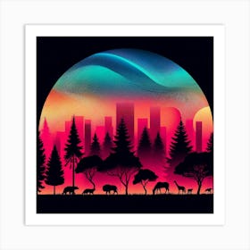 Cityscape With Trees And Animals Art Print