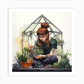 Red Head Girl In A Greenhouse Tending To Plants Watercolour Art Print