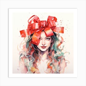 Watercolor Of A Girl With Red Bow Art Print