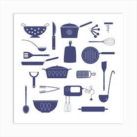 Blue and White Kitchen Utensils Art Print