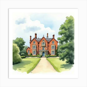 Watercolor View Of The Houghton Lodge In Hampshire, Featuring Its Historic Design And Scenic Beauty Art Print