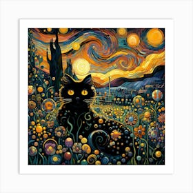 Black Cat In A Garden, Klimt Style 1 Art Print