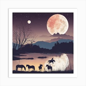 Cowboys In The Moonlight Art Print