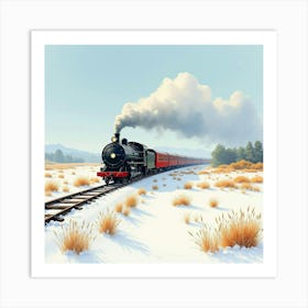 Old Fashioned Train Crossing A Vibrant Watercolor Snow Covered Field 1 Art Print