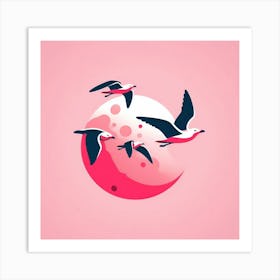 Seagulls Flying Over The Moon Art Print