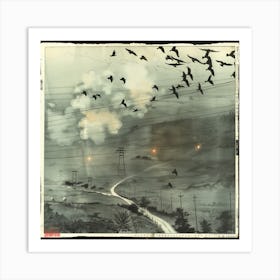 名古屋から北へ五里の鳥と電線の風景 Landscape With Birds And Power Line Five Ri To The North From Nagoya (I) Art Print