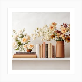 Shelf With Books And Flowers Art Print