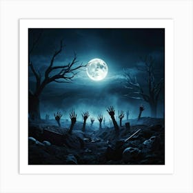 Gothic Style Illustration Skeletal Hands Breaking Through The Soil Full Moon Casting An Eerie Glow (5) Art Print