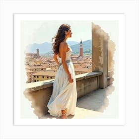 Elegant Italian Woman In Watercolor, Exploring The Beauty Of Historic Florence Art Print