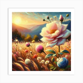 Flower Field At Sunset Art Print