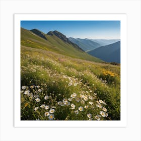 A Lush Green Mountain Filled With Blooming Wildflowers Basks In Warm Sunlight Under A Clear Blue Sky, Its Natural Beauty Portrayed Serenely 2 Art Print