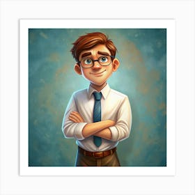 Cartoon Illustration Of A Young Man With Glasses And A Tie 1 Art Print