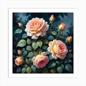 Vintage Midnight Summer Botanical Roses Garden Art Print 2 Art Print