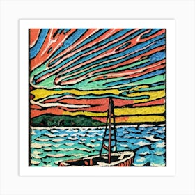 Oil painting of a boat in a body of water, woodcut, inspired by Gustav Baumann 8 Art Print