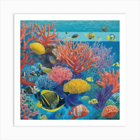 David Hockney Style: A Vibrant Coral Reef Teeming With Marine Life 1 Art Print