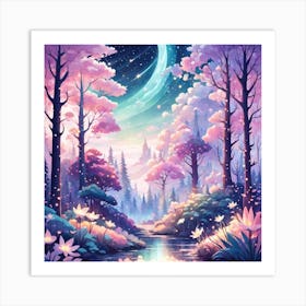 A Fantasy Forest With Twinkling Stars In Pastel Tone Square Composition 405 Art Print