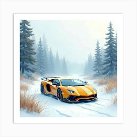 Lamborghini Sián Amidst A Watercolor Tranquil Winter Landscape 1 Art Print